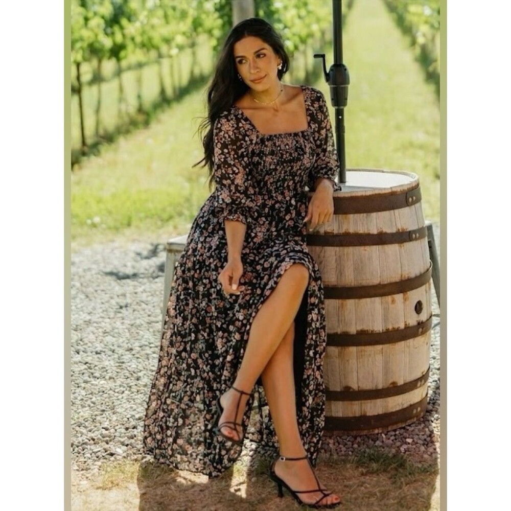 Mikarose Black Babydoll Maxi Dress Peach Floral Print Sz M Smocking Sheer Sleeve